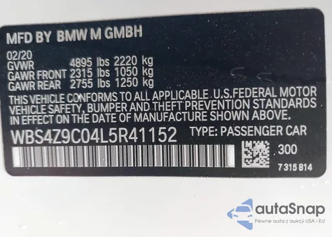 2020 BMW M4 from USA, damaged, VIN WBS4Z9C04L5R41152